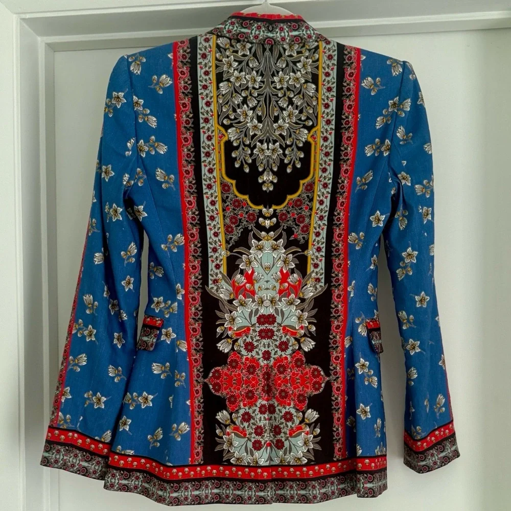 Alice + Olivia Macey Linen Blazer Floral Scarf Print Blue Red Size 2 - Picture 15 of 16